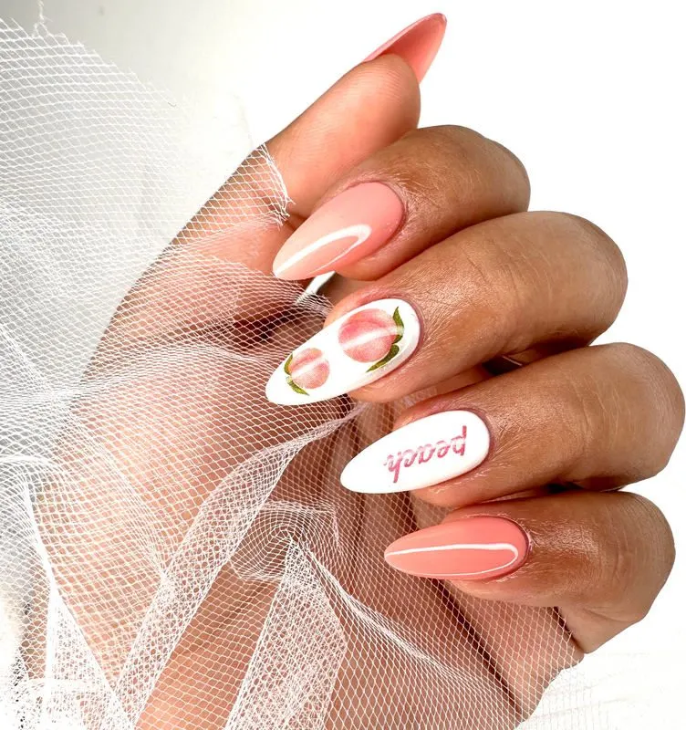 Peach nails with floral art