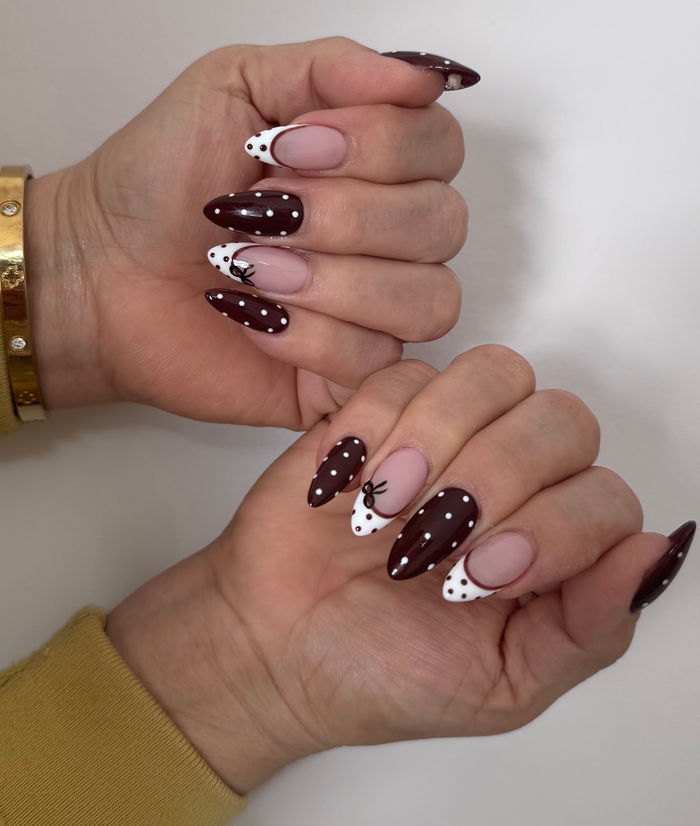 Burgundy polka dot nail art